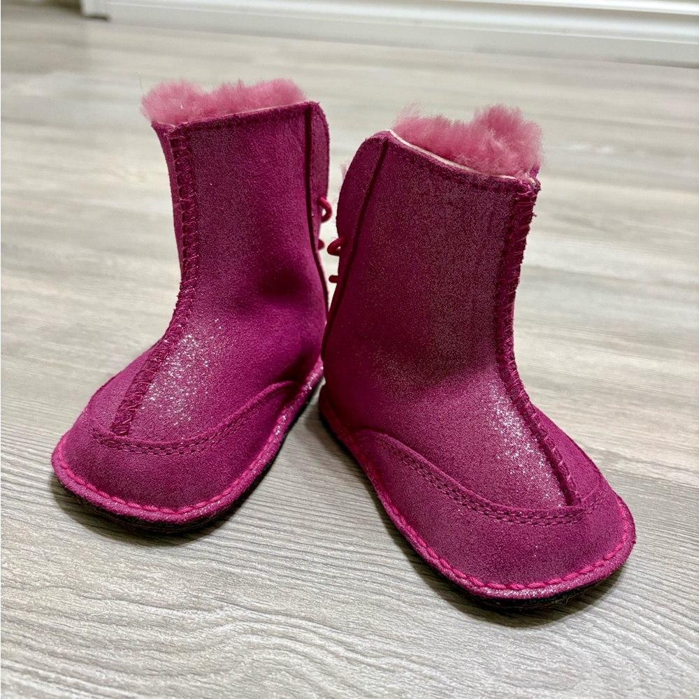 UGG Australia Baby Boo Glitter Elastic Lace Back SlipOn Fuzzy Toddler Boots Pink - Picture 1 of 10